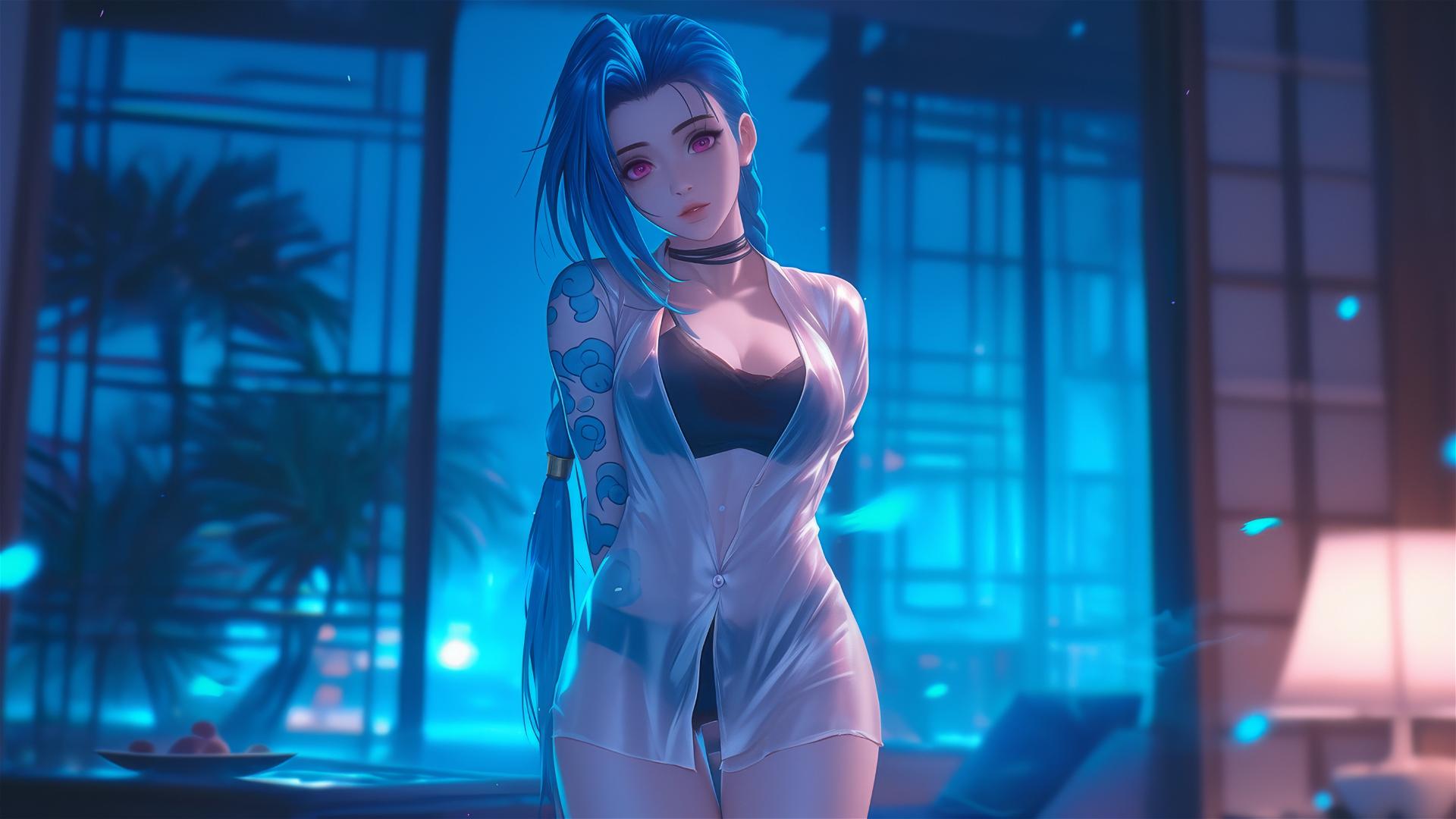 Jinx from League of Legends standing in an apartment with moonlight casting a soft glow