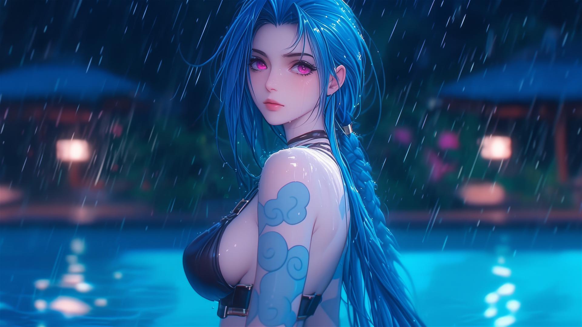 Jinx from League of Legends resting at a rainy swimming pool, moonlight glow, pink eyes.