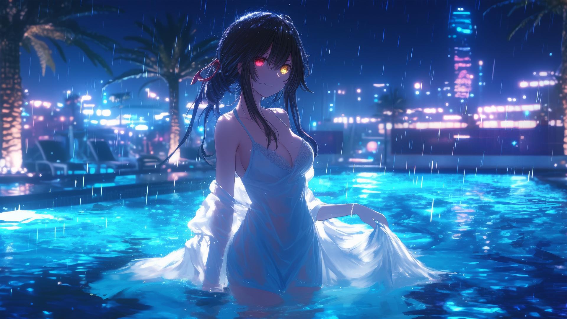 Kurumi Tokisaki standing in a pool under moonlight, her eyes red and yellow