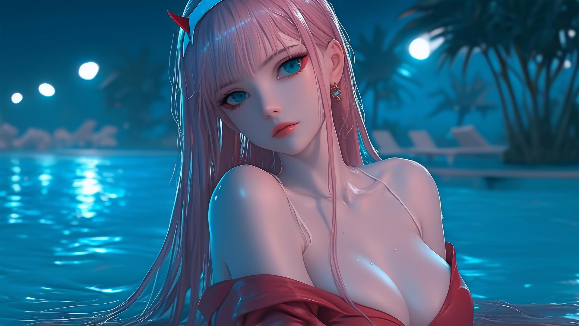 Zero Two from DARLING in the FRANXX resting by a rainy swimming pool at night