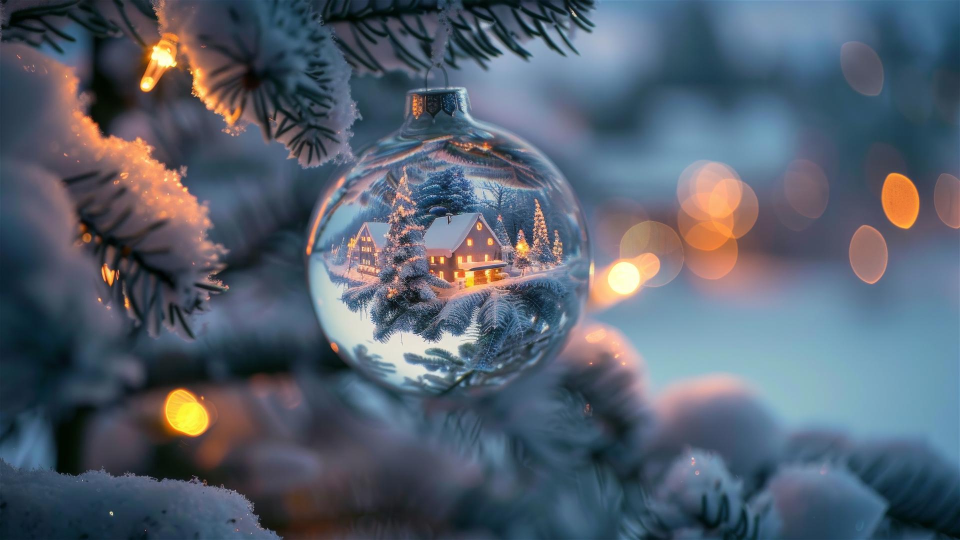 Glass Christmas balls hanging on a tree, with tiny snow-covered villages inside.