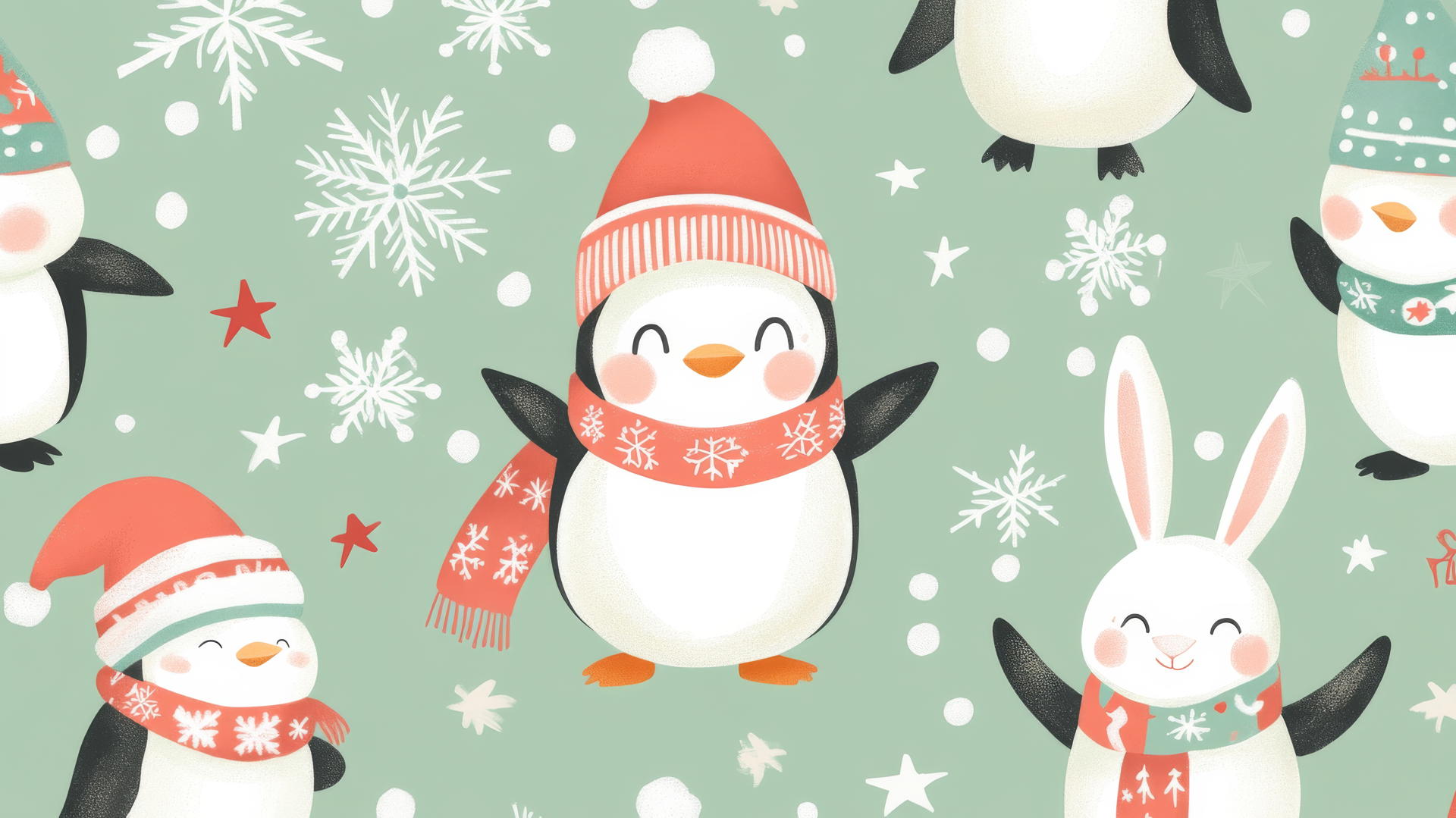 cute preppy Christmas wallpaper with penguins, polar bears, and rabbits in hats and scarves on a pastel green background