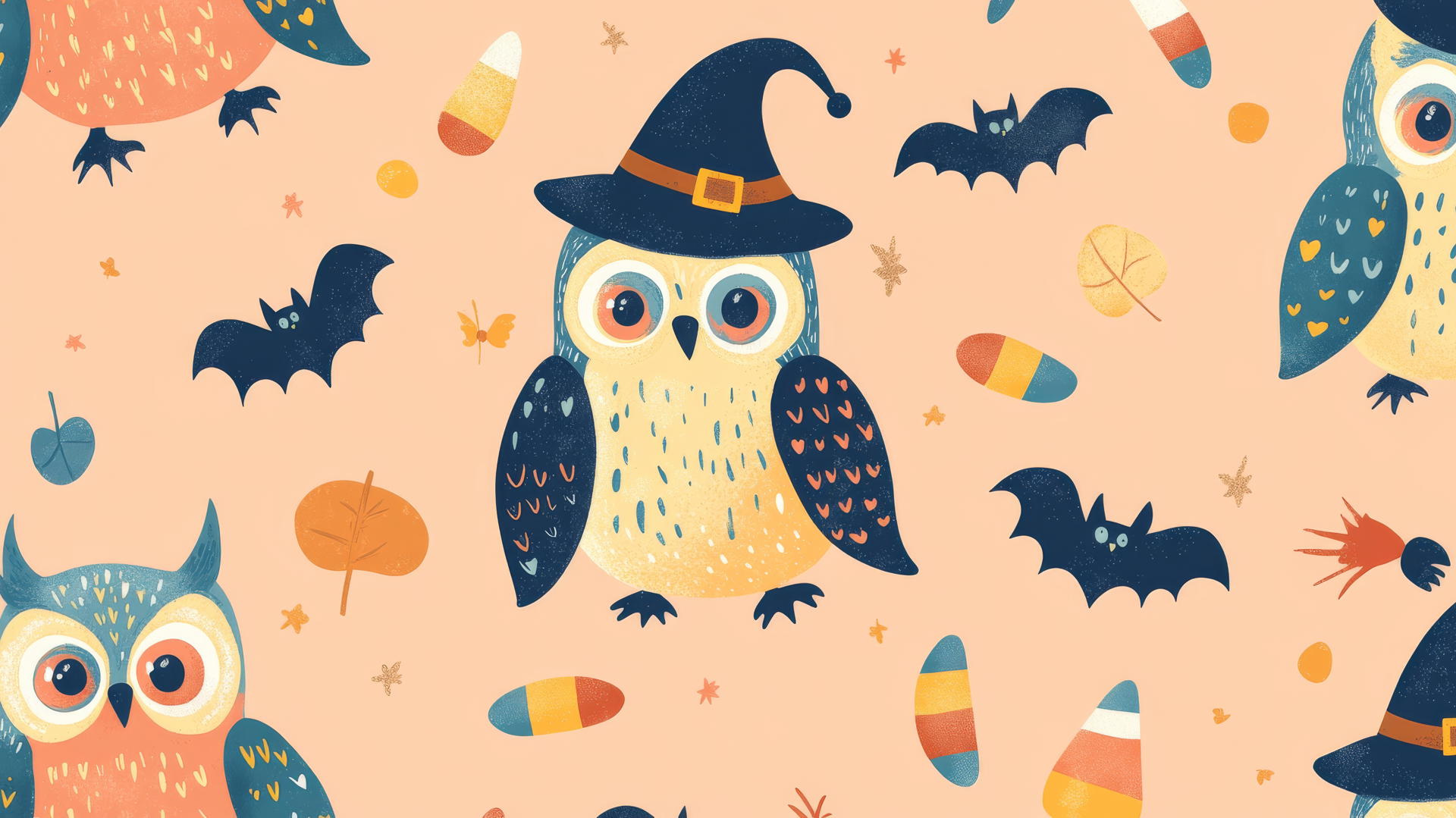 halloween preppy wallpaper with pastel-colored owls in witch hats, cheerful bats, candy corn garlands on pastel peach background