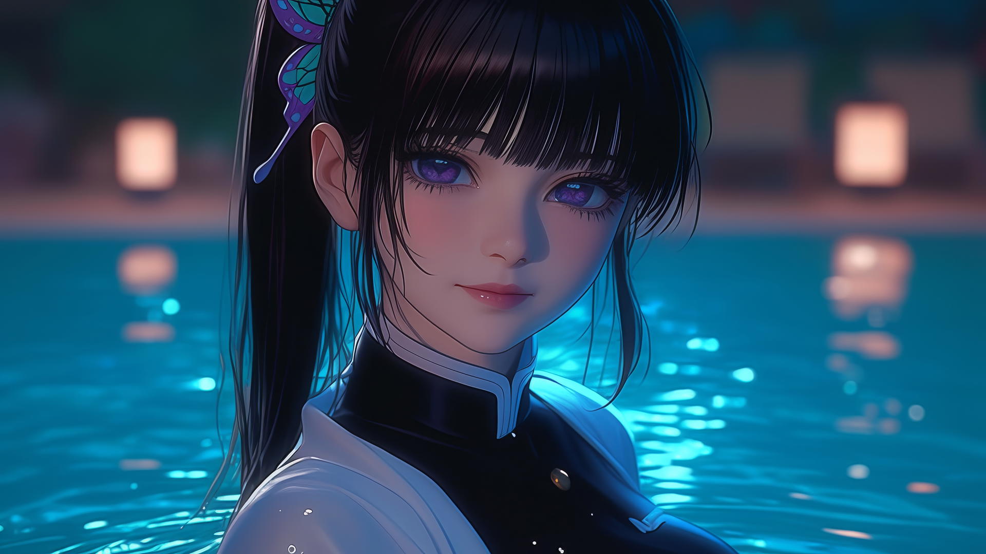 Kanao Tsuyuri from Demon Slayer relaxing by a moonlit swimming pool, hair tied with butterfly ornament.