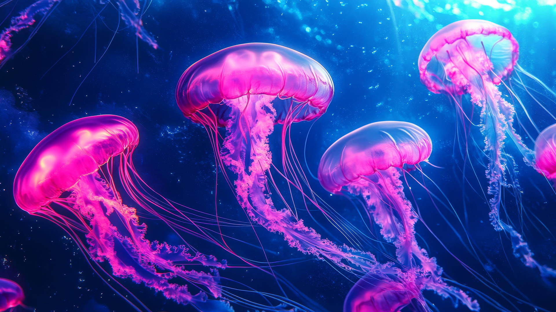 Ethereal pink and blue jellyfish with glowing tendrils