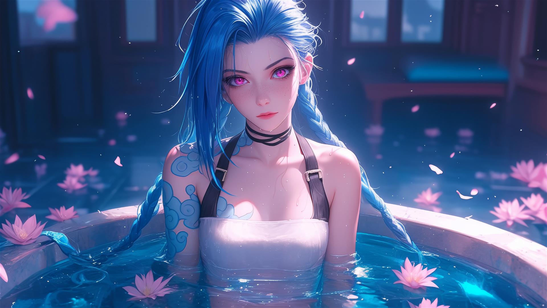 Jinx from League of Legends in a tub of flowers in a Chinese spa