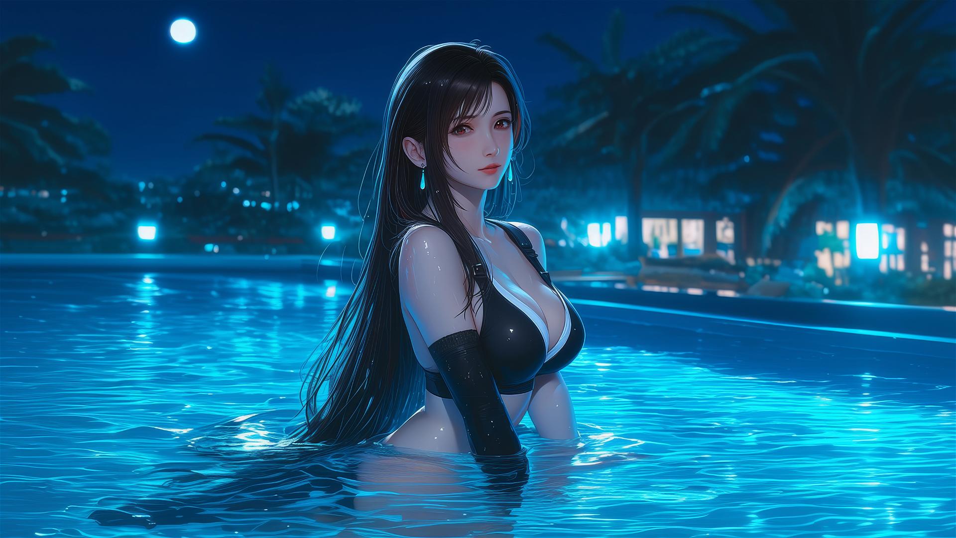 Tifa Lockhart from Final Fantasy resting at a swimming pool under moonlight.