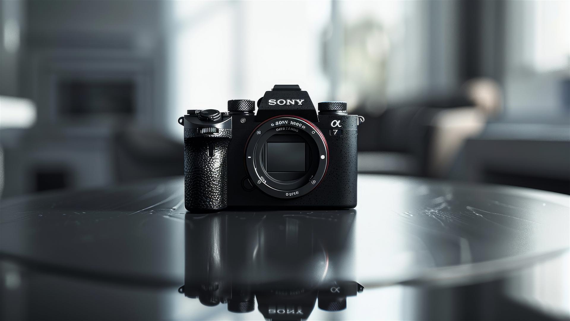 Sony Alpha camera on a black and white round table with light reflections.