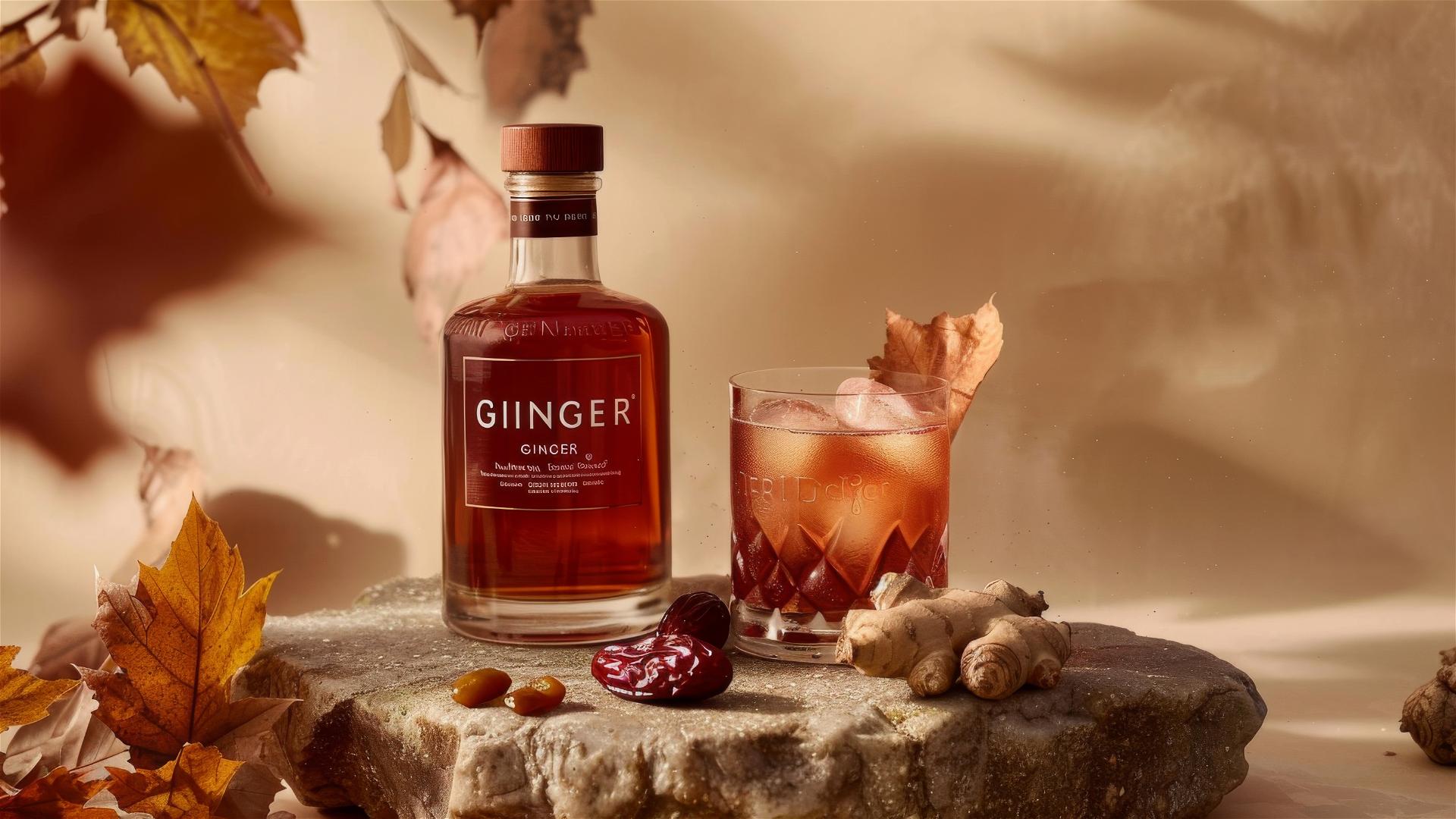 Brandy bottle labeled 'GINGER' with cocktail on a rock with dried red dates and ginger