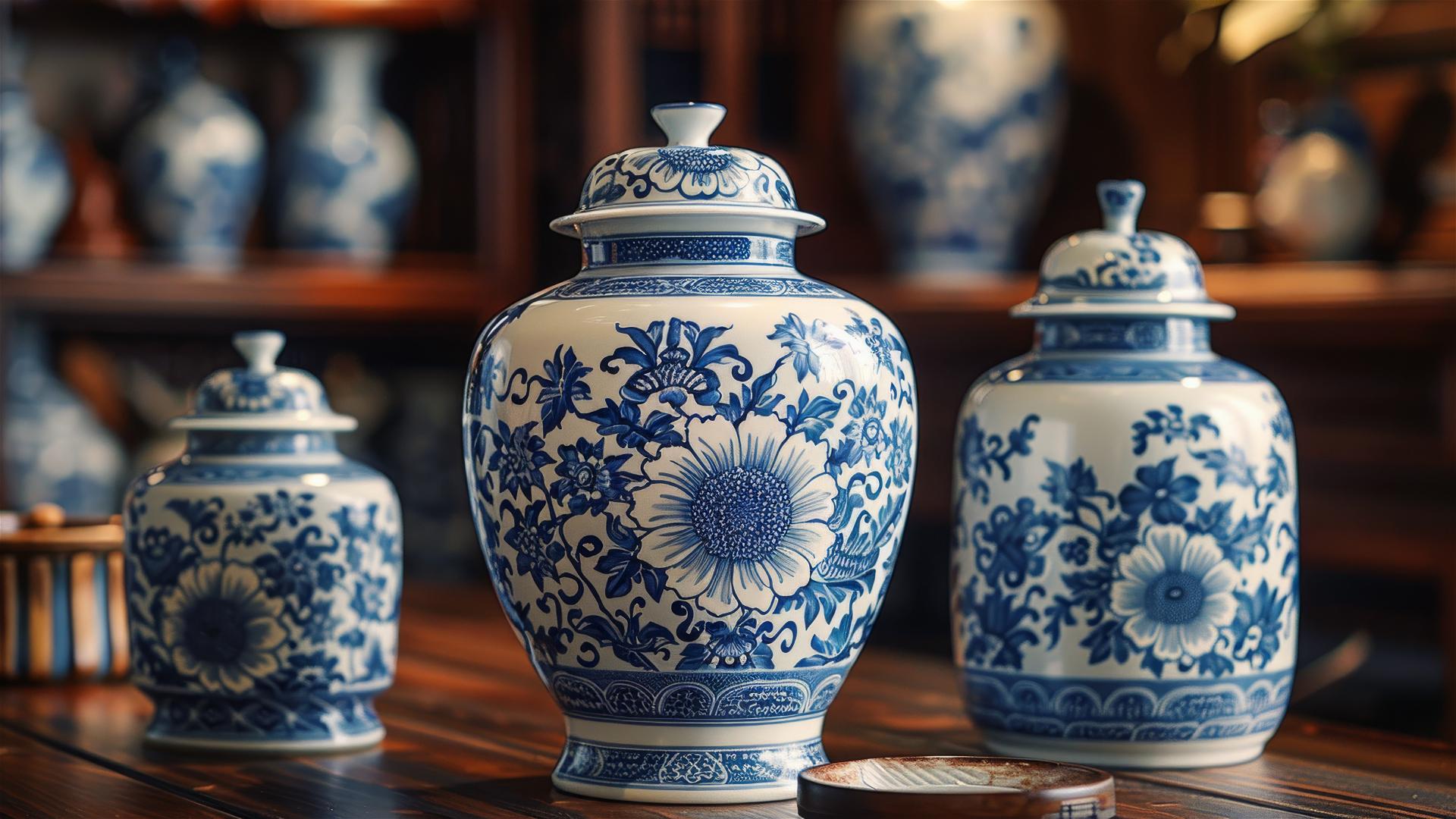 Blue and white Chinese porcelain with traditional patterns