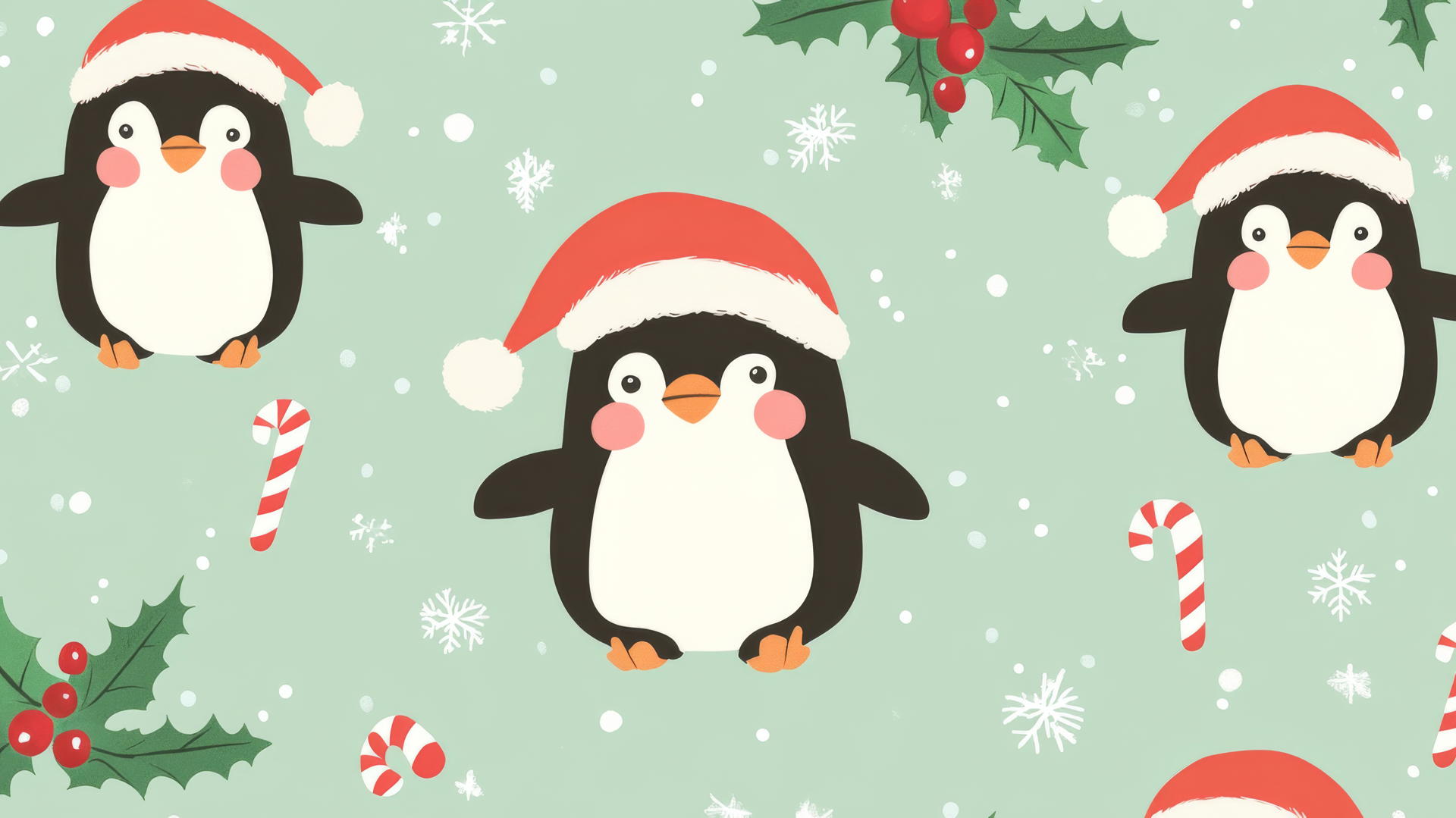 cute Christmas wallpaper preppy with penguins, Santa hats, holly, and candy canes