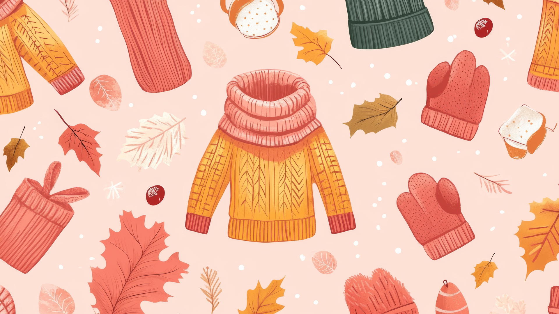 preppy fall wallpaper with cozy knit sweaters, fall scarves, woolen mittens on a pastel pink background
