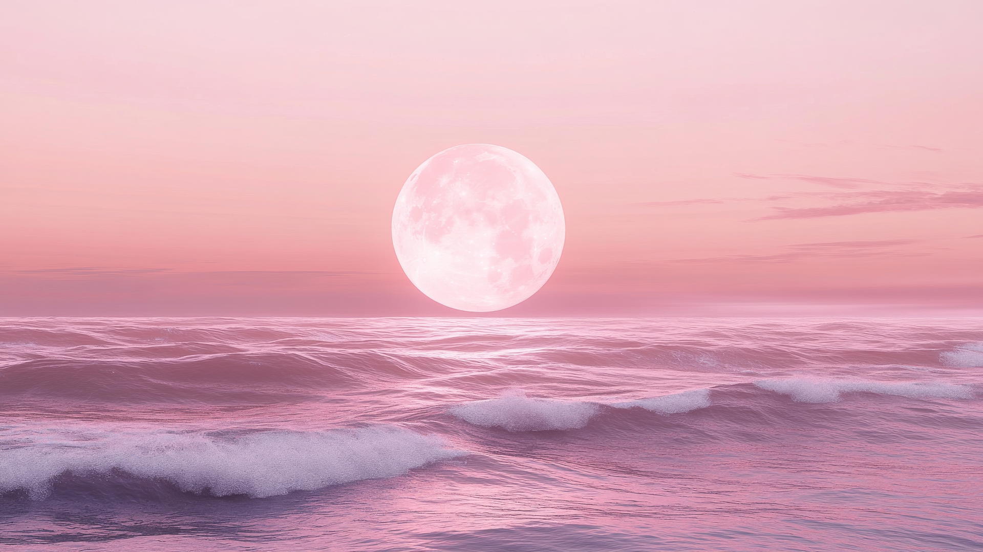 ethereal pink moon rising over quiet ocean with gentle waves reflecting pink light, pink wallpaper aesthetic