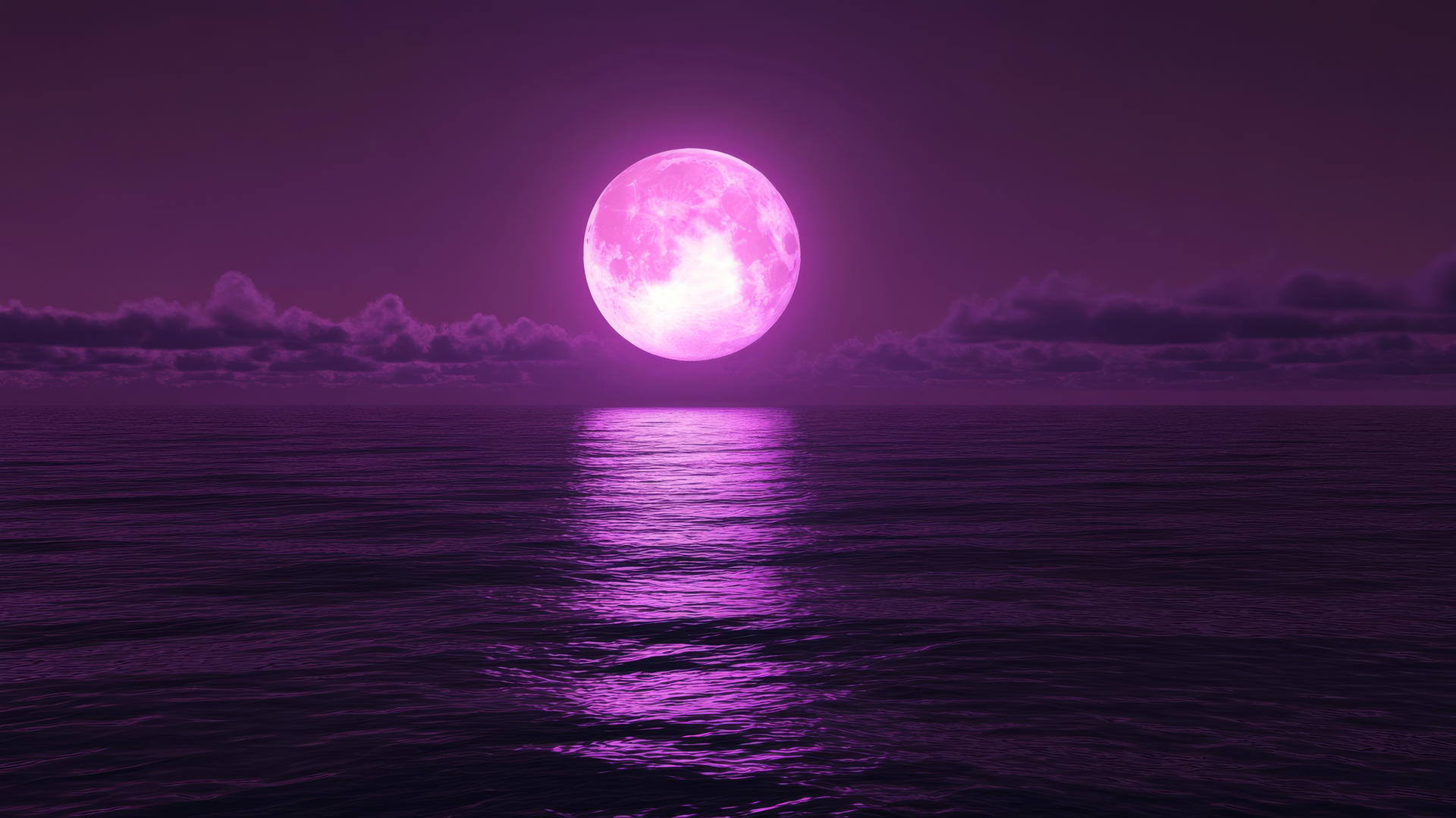 neon purple aesthetic wallpaper with a glowing moon over a calm ocean reflecting violet light.