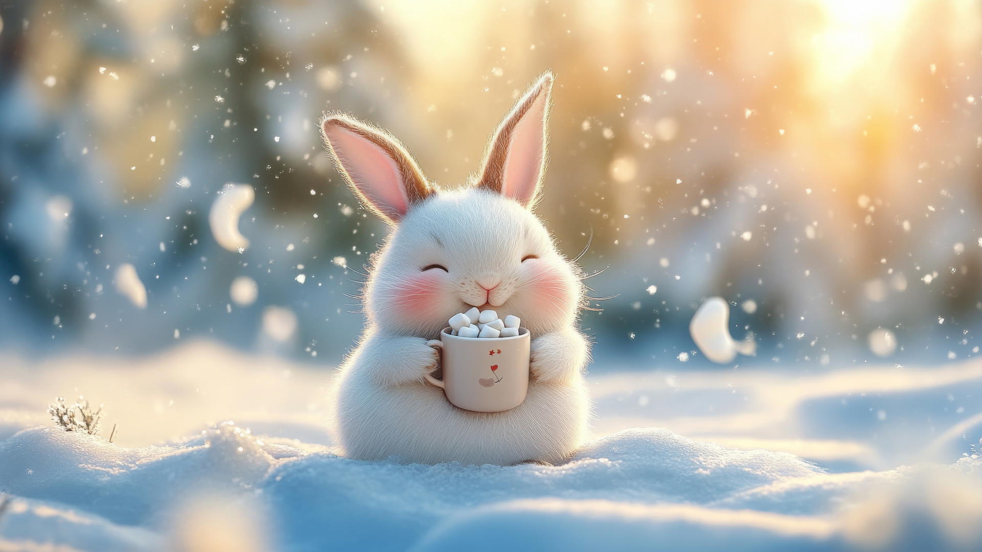 cute winter wallpaper with a chubby bunny holding a mug of hot cocoa