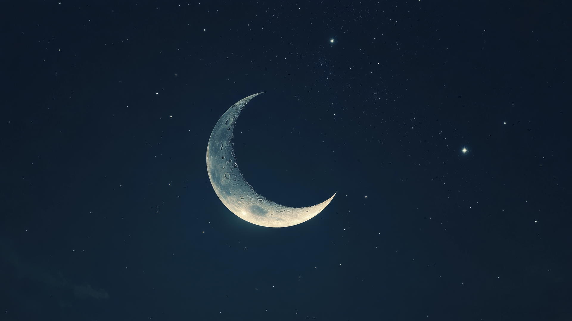 Minimalist glowing crescent moon with distant stars in dark sky