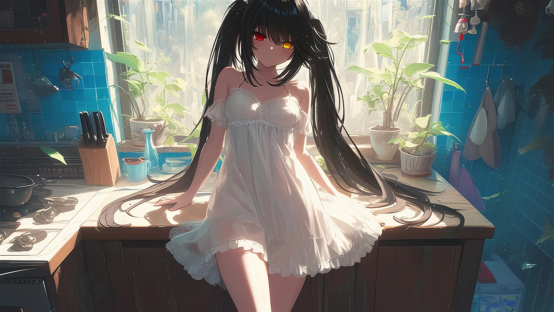 Kurumi Tokisaki in kitchen under moonlight with white dress and differently colored eyes