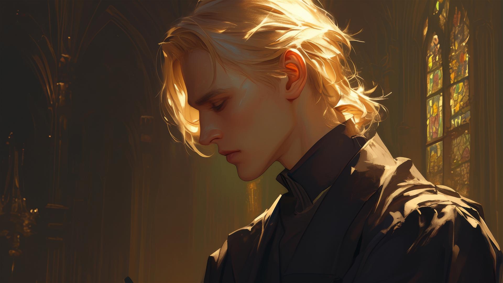 Draco Malfoy art with golden hair on dark background