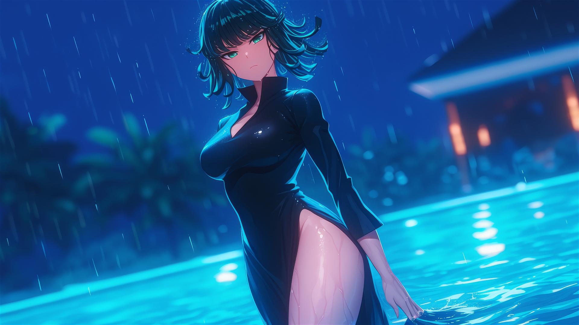 Tatsumaki from One-Punch Man in a pool under moonlight with rain