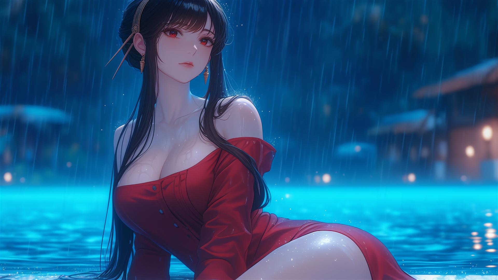 Yor Forger by poolside at night with rain & moon glow, in red pajamas