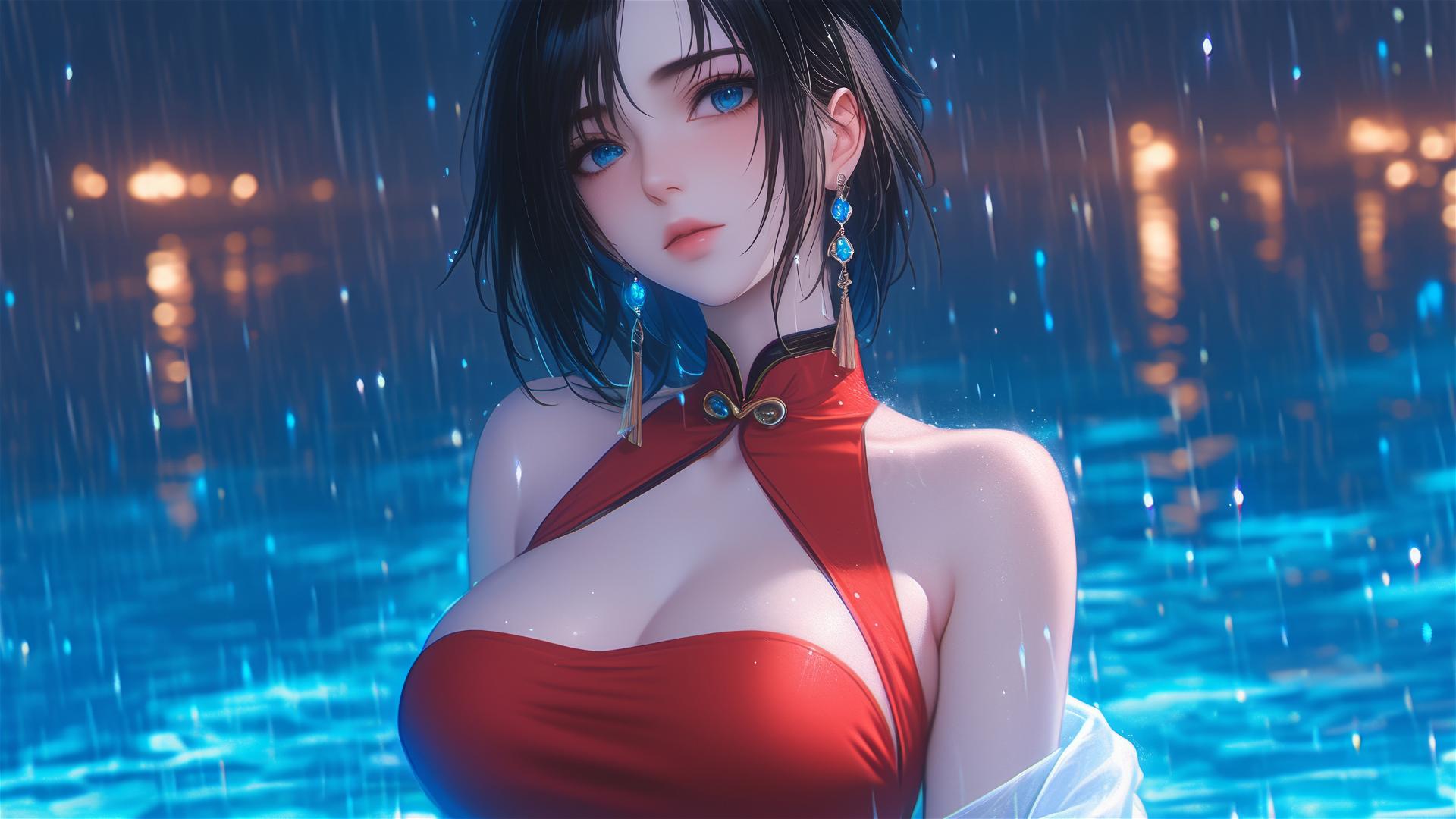Mikasa Ackerman standing in pool under moonlight, rain, red dress
