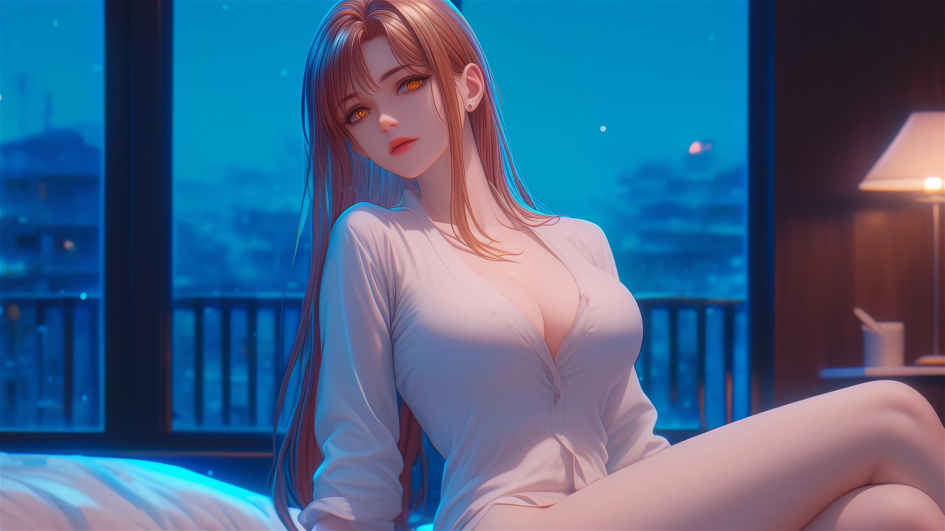 Makima from Chainsaw Man resting in moonlit apartment, with blond and redish hair