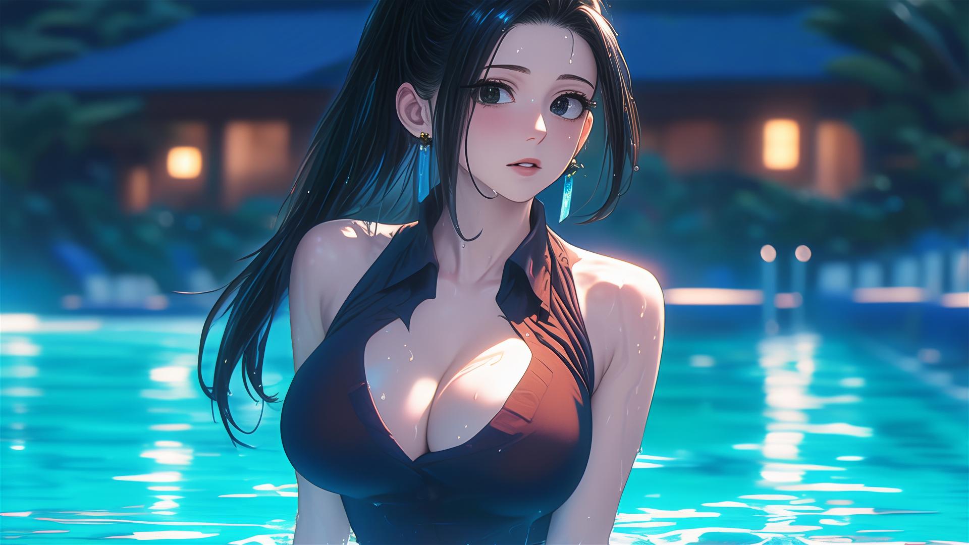 Momo Yaoyorozu resting by a pool under moonlight