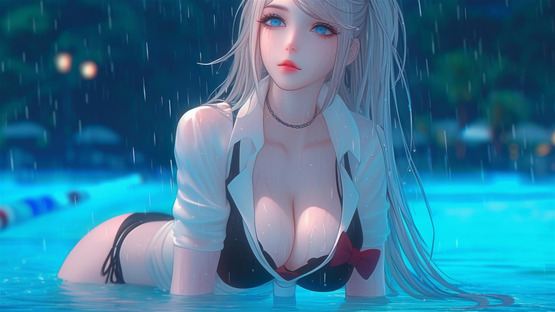 Junko Enoshima resting at a rainy pool, thigh focus, blond hair