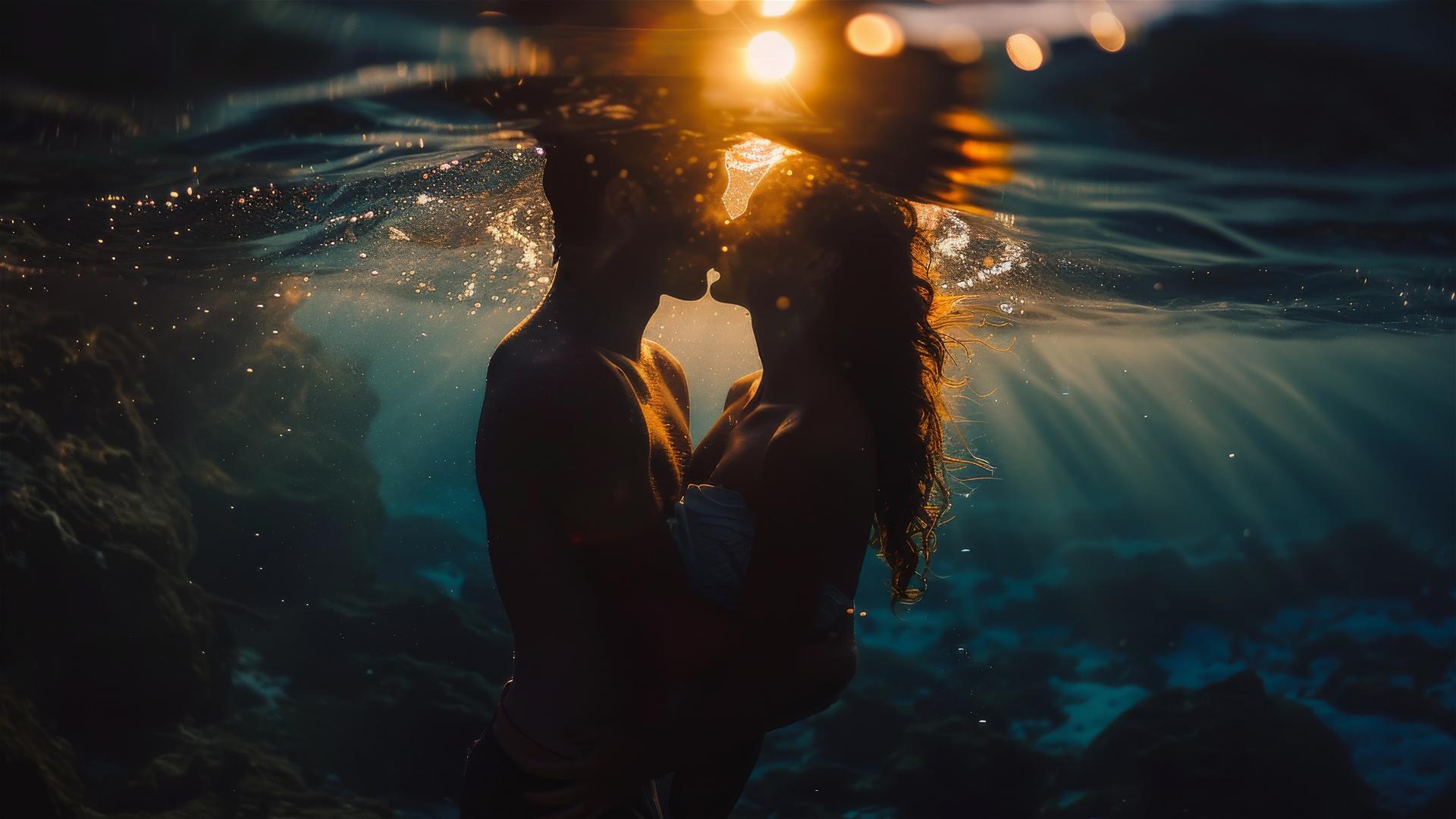 Couple kissing underwater backlit by sunset using a Leica 50mm f1.4 old lens