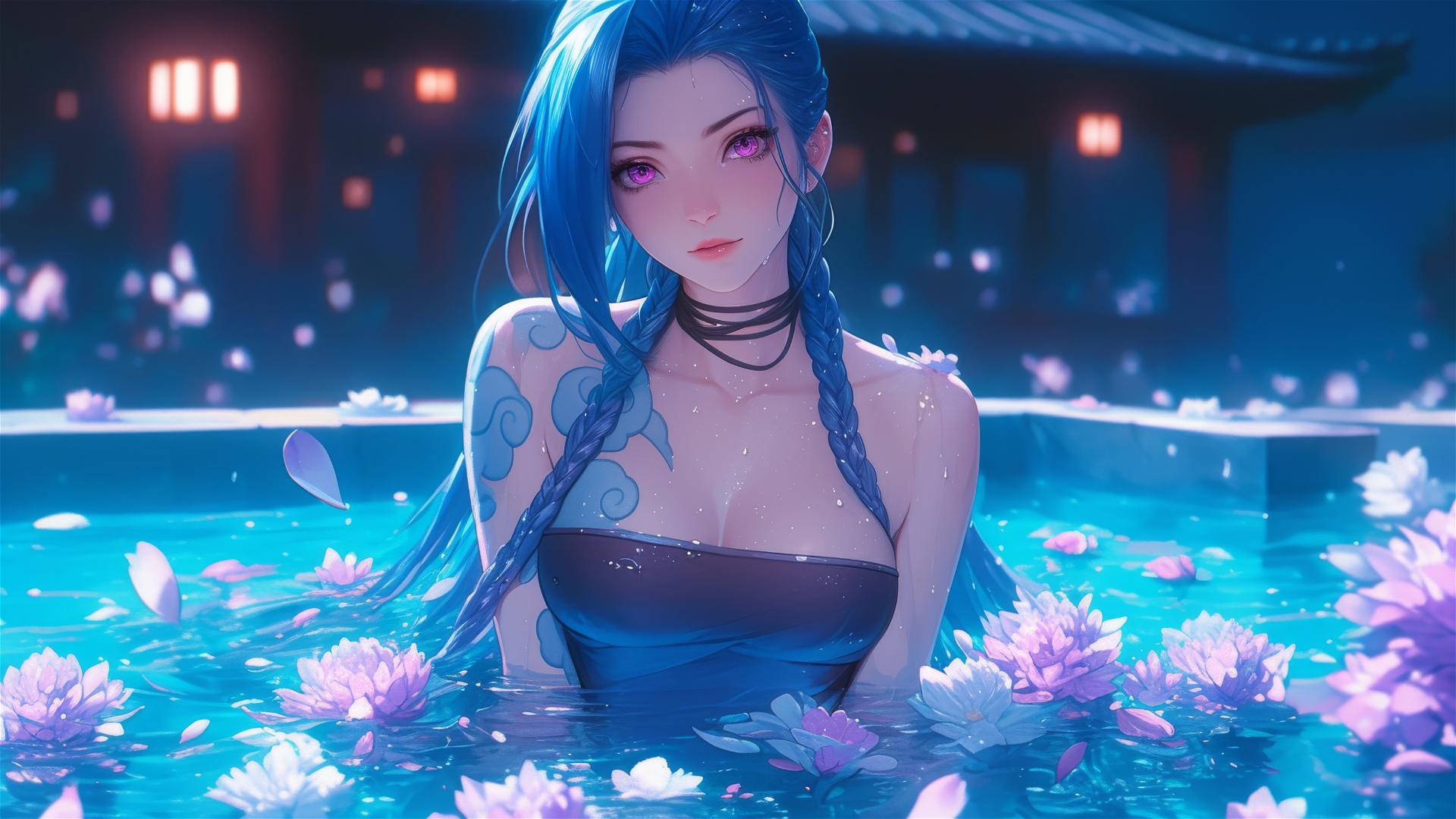 Jinx from League of Legends in tub of flowers at Chinese spa with blue hair, pink eyes