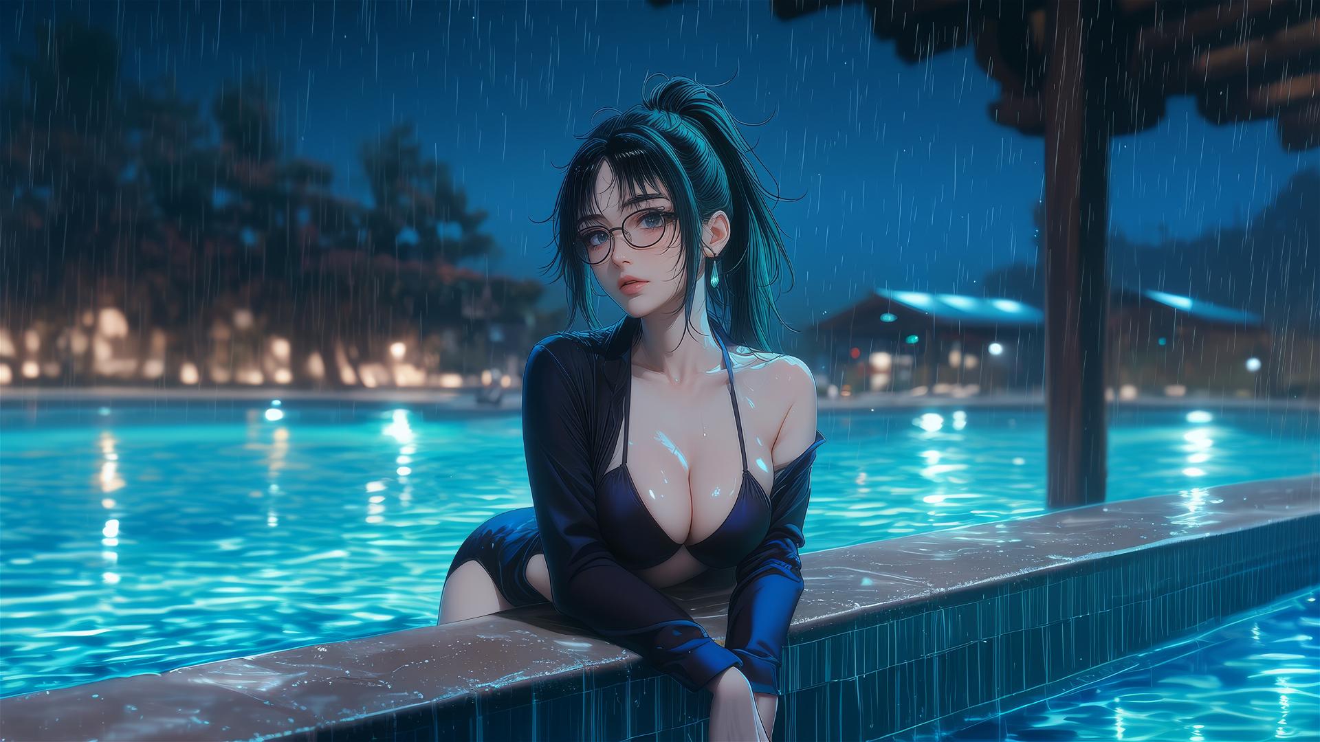 Maki Zenin from Jujutsu Kaisen relaxing by a pool under moonlight, wearing glasses