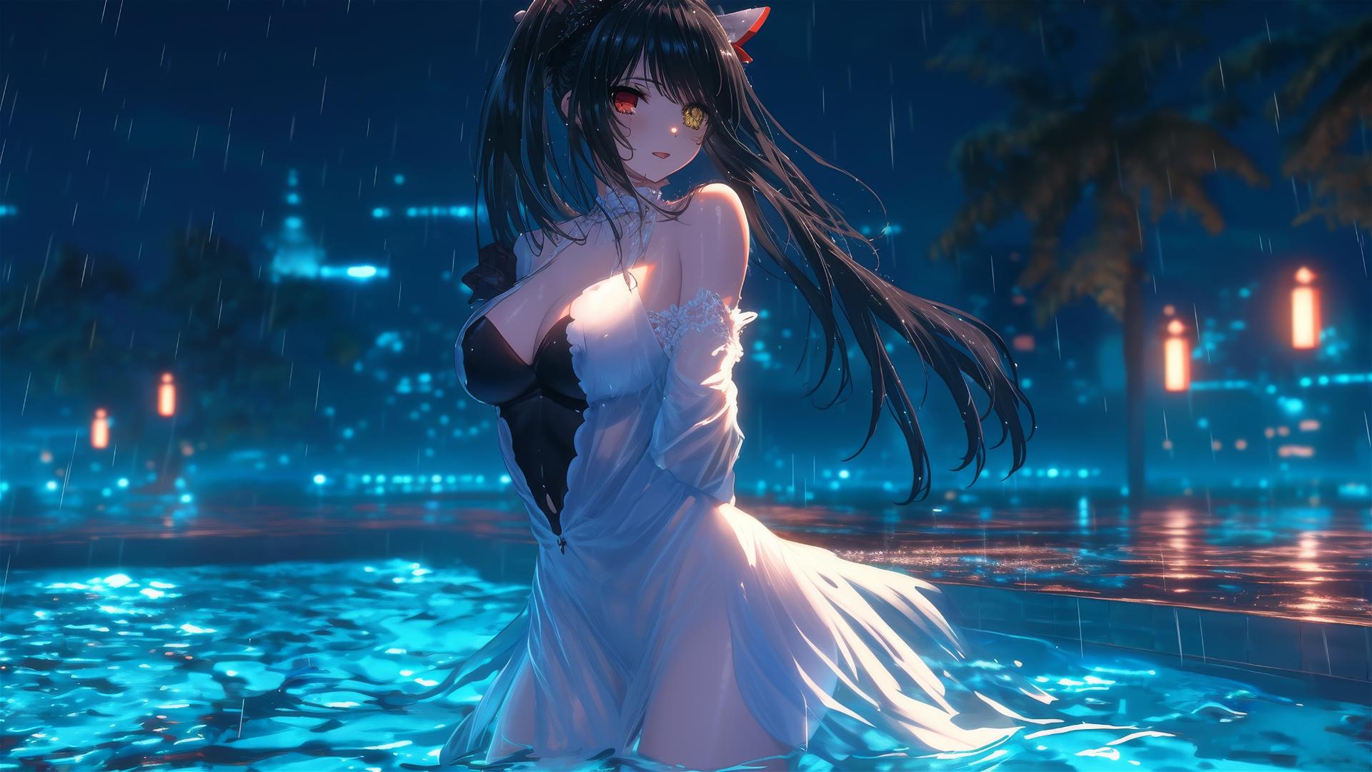 Kurumi Tokisaki standing in a rainy swimming pool, illuminated by moonlight.