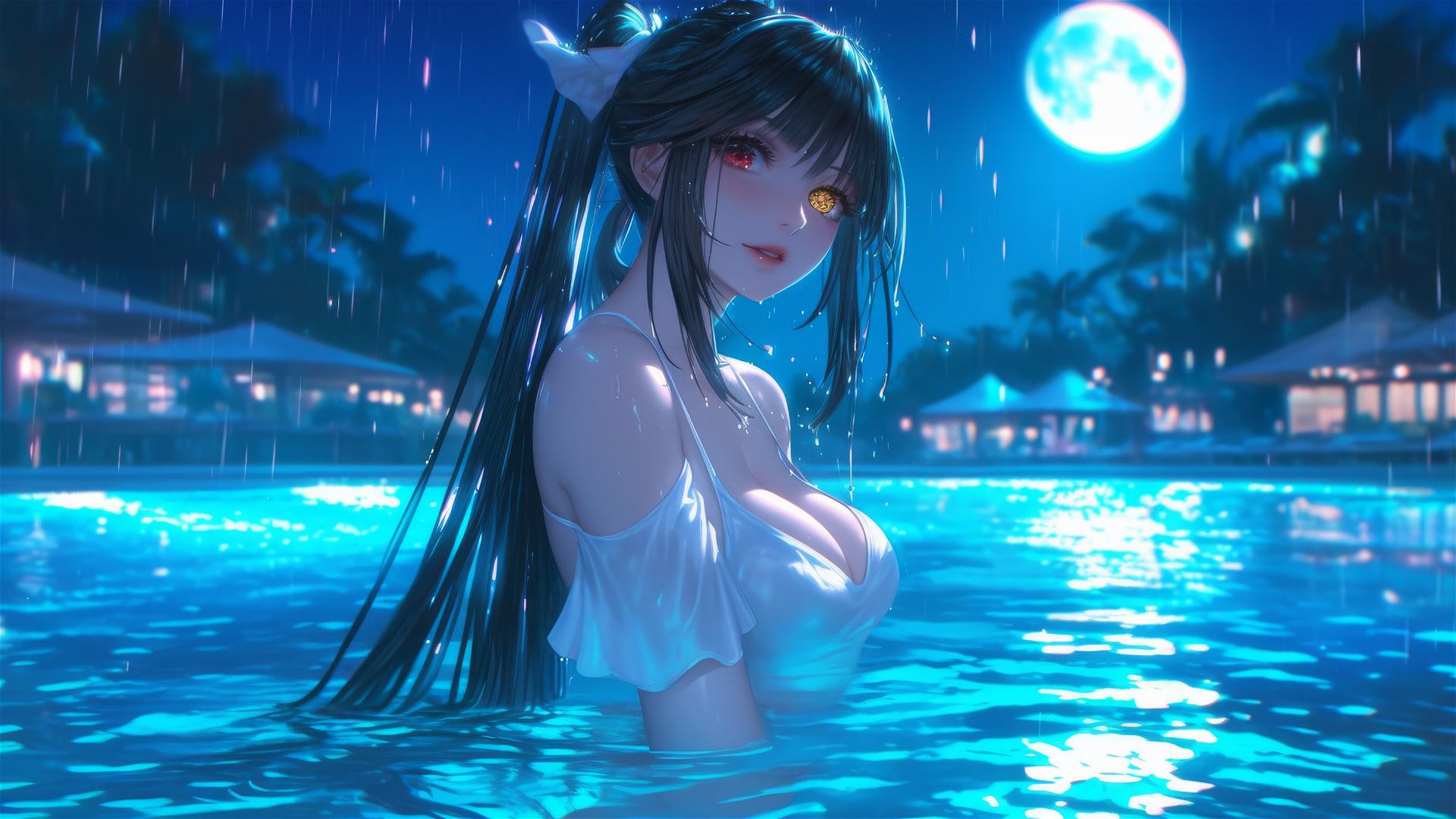 Kurumi Tokisaki in a rainy pool, moonlight glowing, white dress, dual-colored eyes.