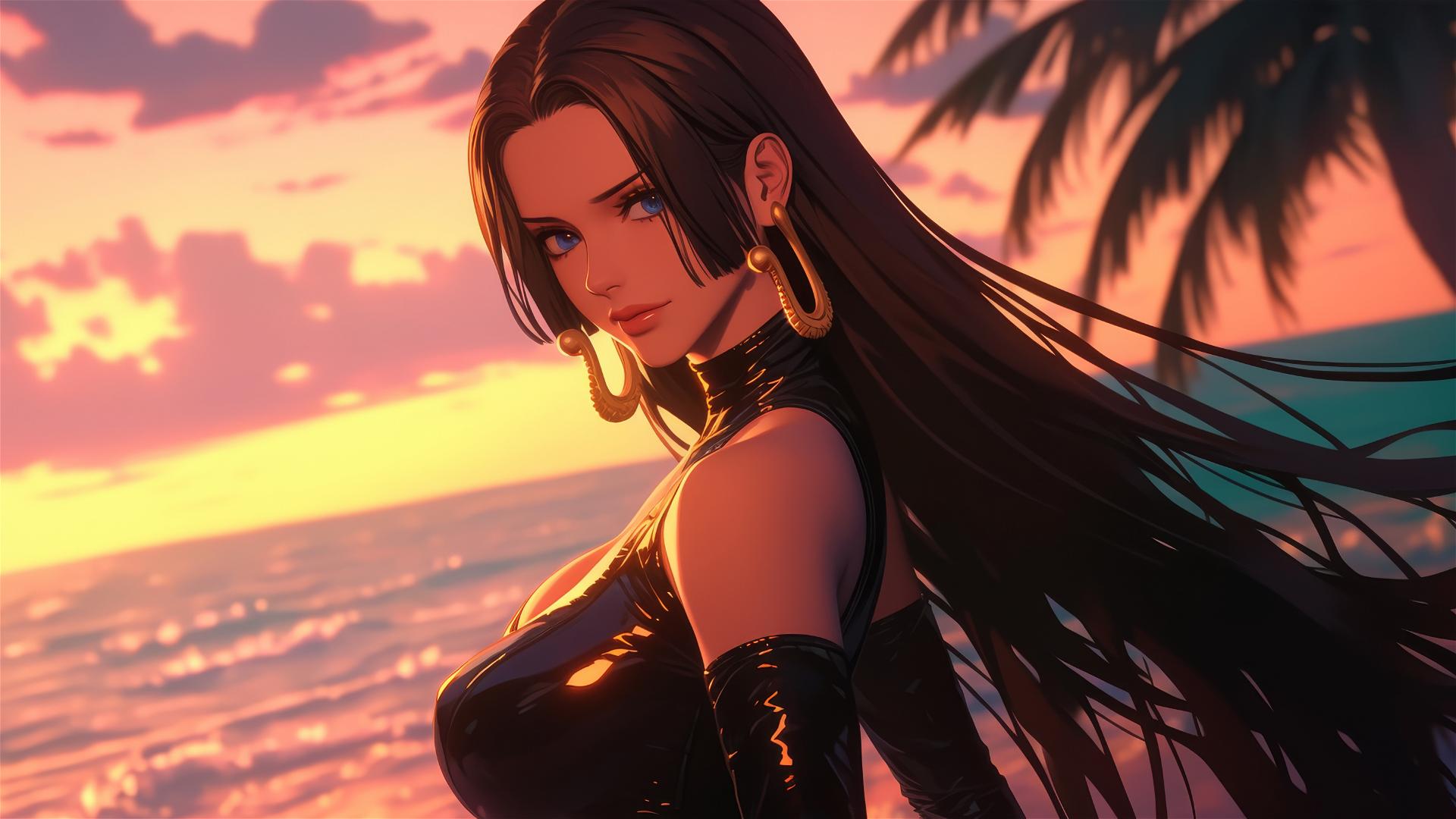 Boa Hancock from One Piece on a beach at sunset, neon pink sky