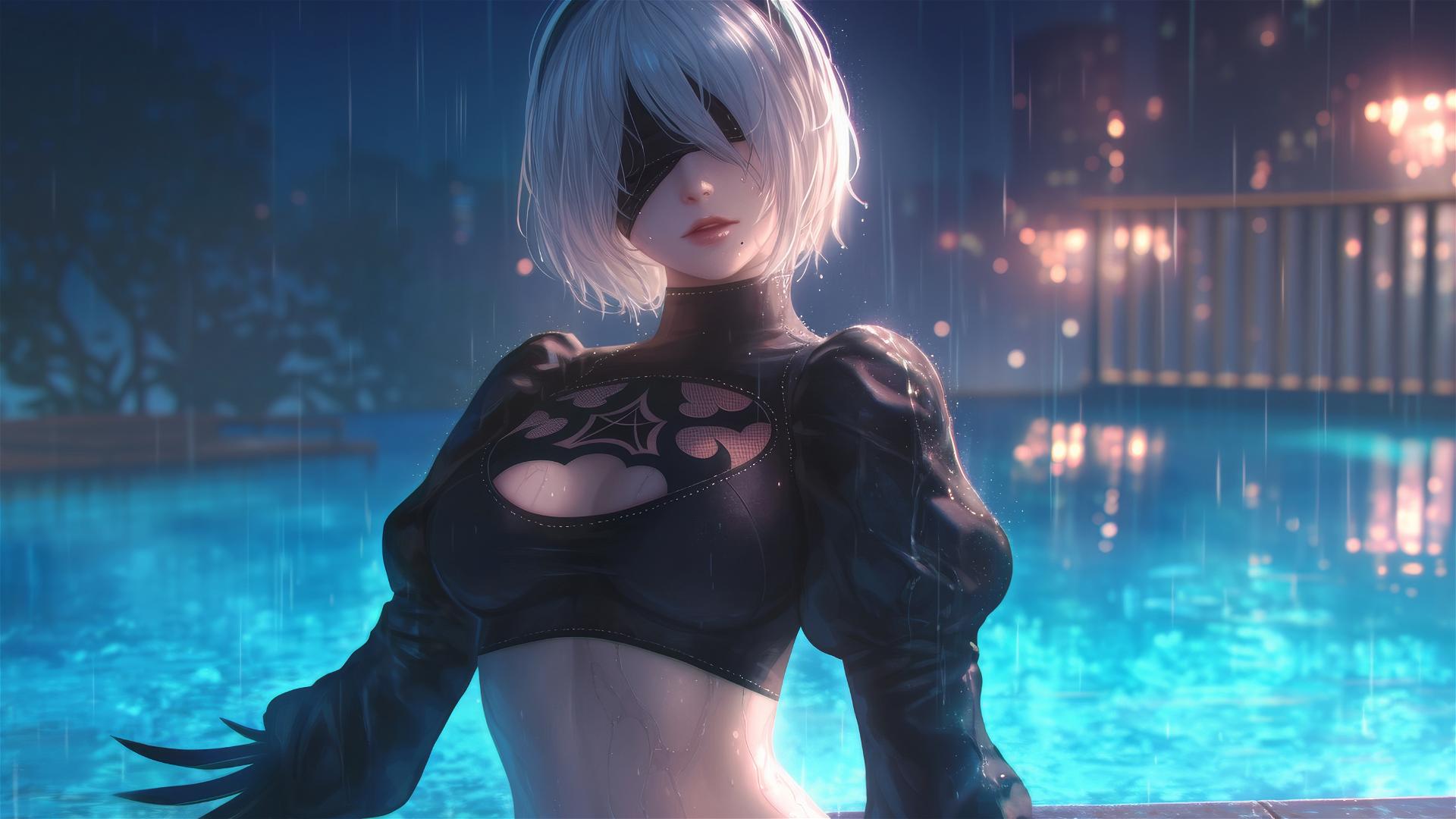 2B from Nier stands by a moonlit pool in the rain