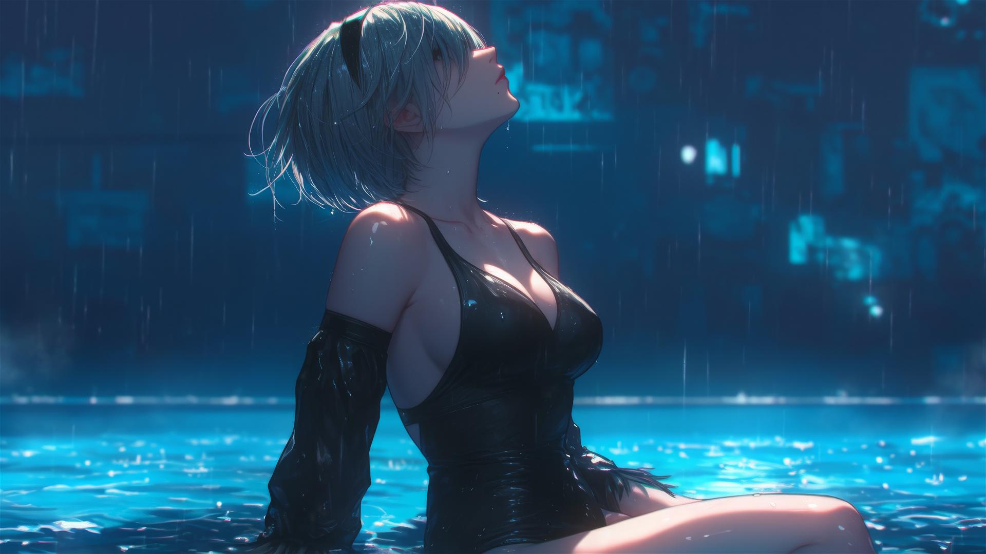 2B from Nier in casual attire sitting by a rainy swimming pool, illuminated by moonlight.