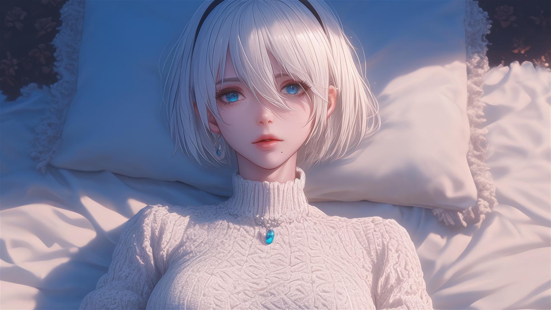 High angle view of 2B from Nier, lying in bed with a relaxed posture and short hair.