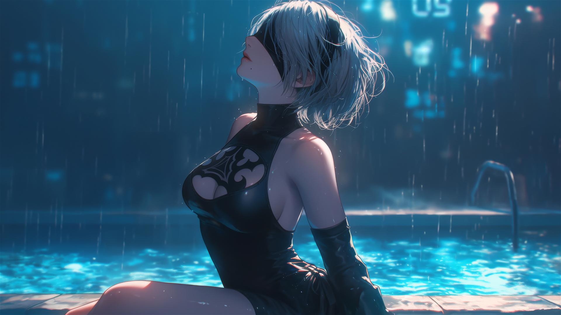2B from Nier in casual attire sits at a rainy swimming pool under moonlight