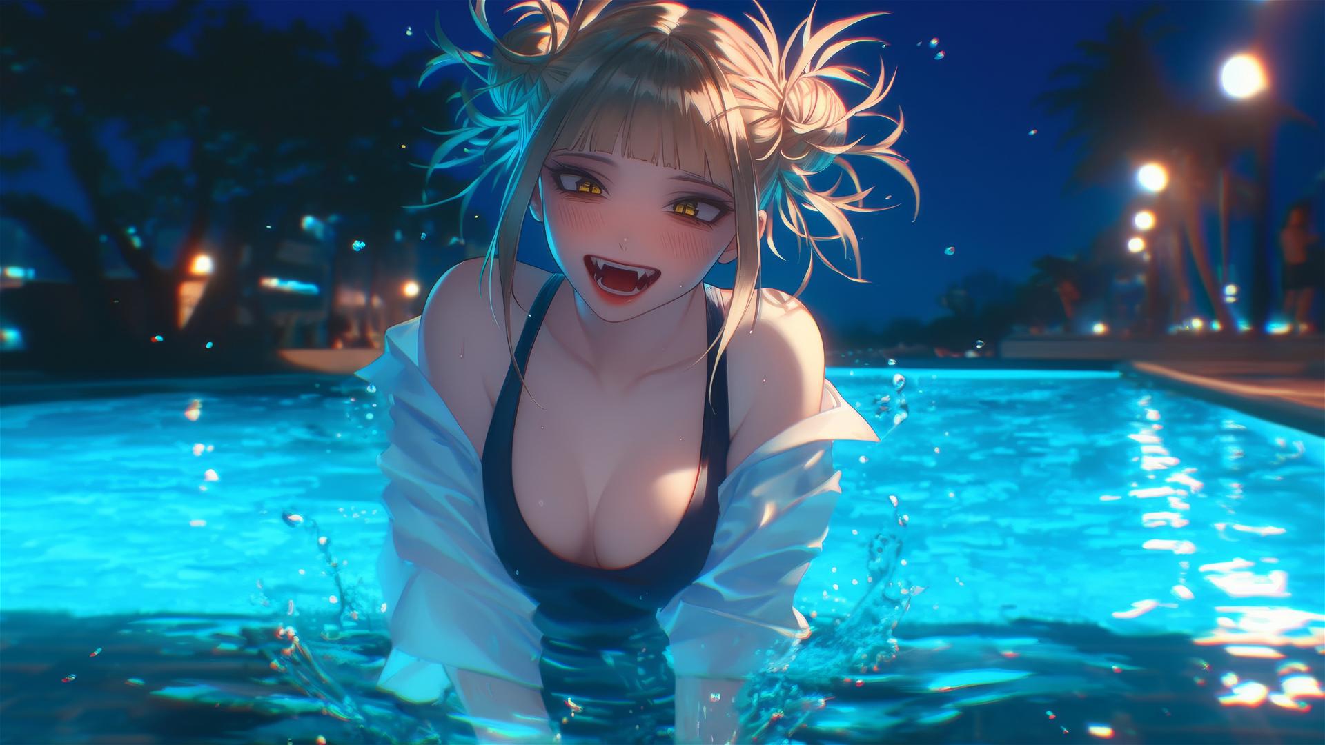 Himiko Toga jumping out of a swimming pool under moonlight