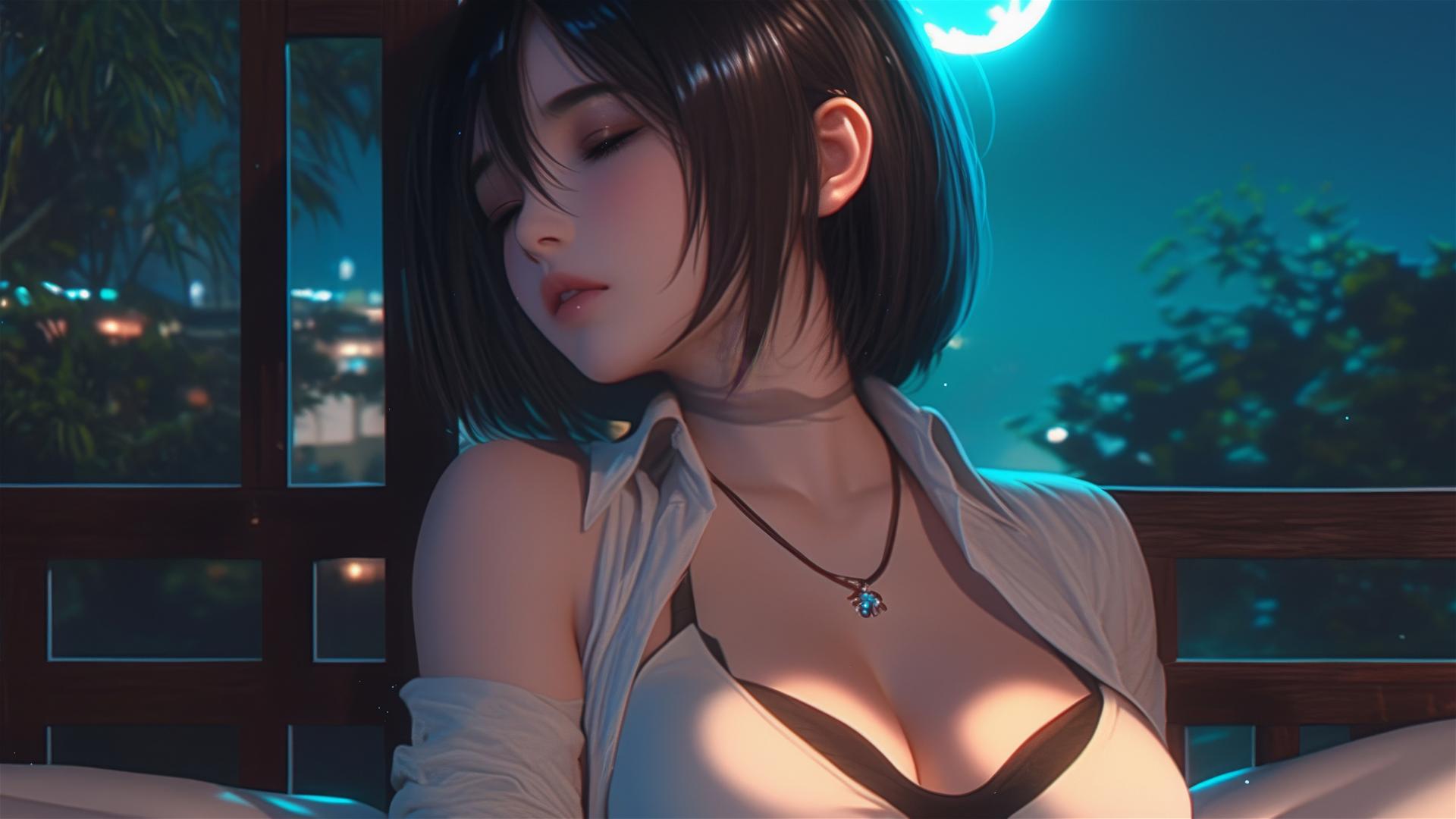 Mikasa Ackerman from Attack on Titan resting in a moonlit modern hotel room