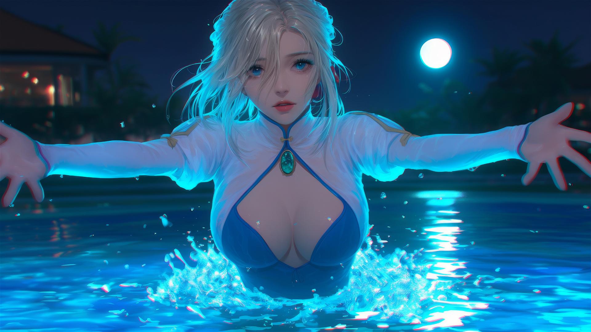 Violet Evergarden jumping out of a swimming pool under the moonlight.
