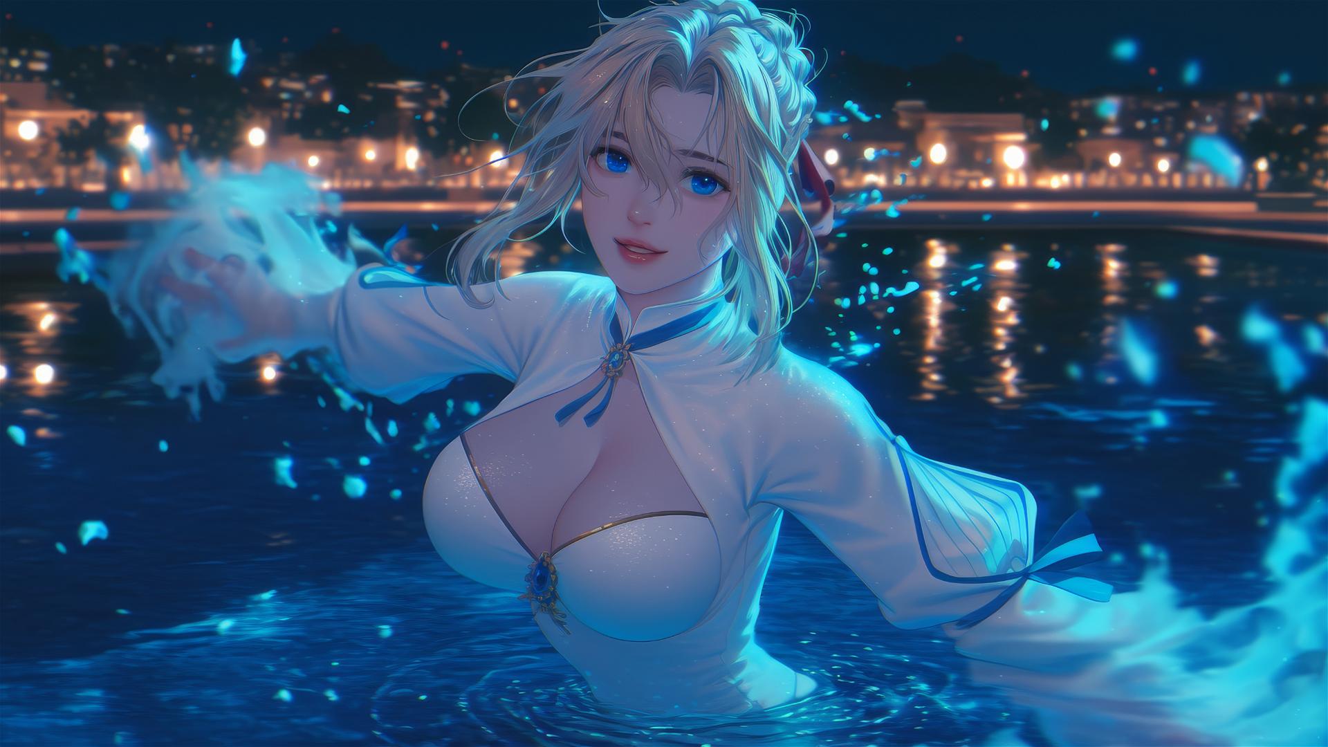 Violet Evergarden leaping from a pool under moonlight