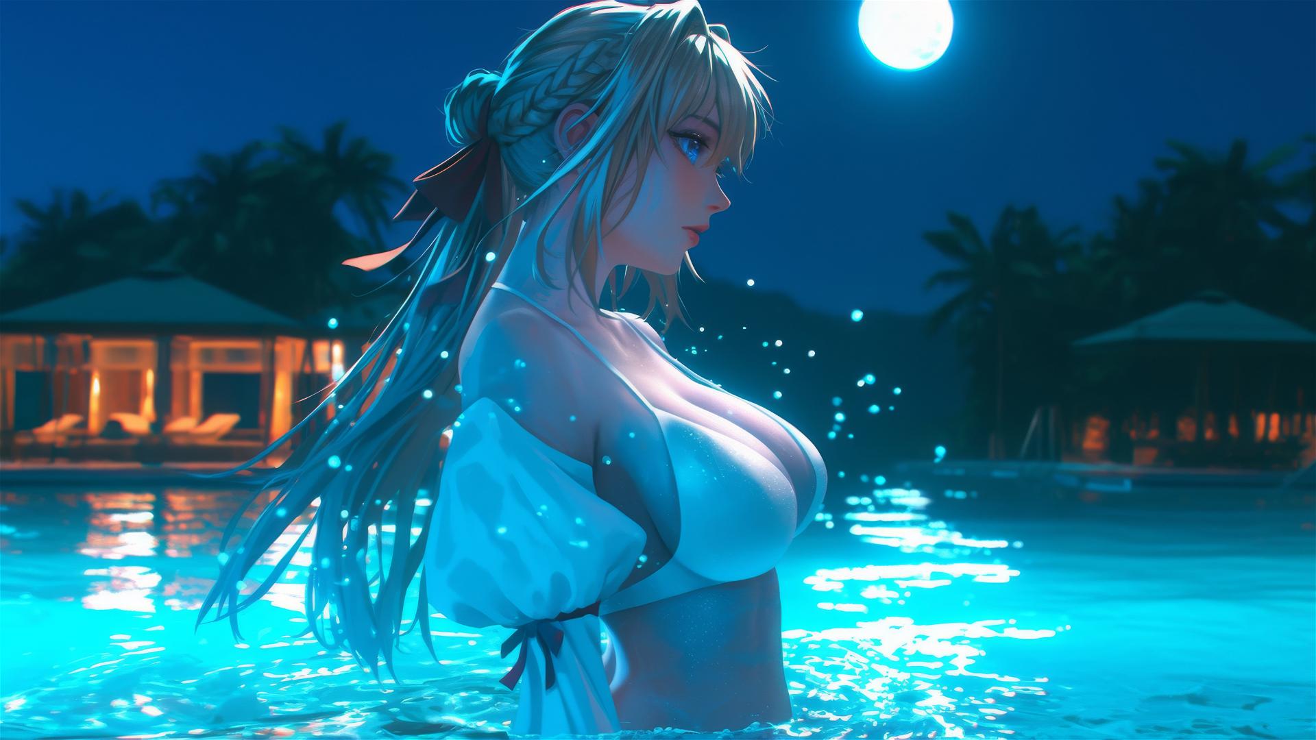 Violet Evergarden jumping out of a swimming pool under moonlight