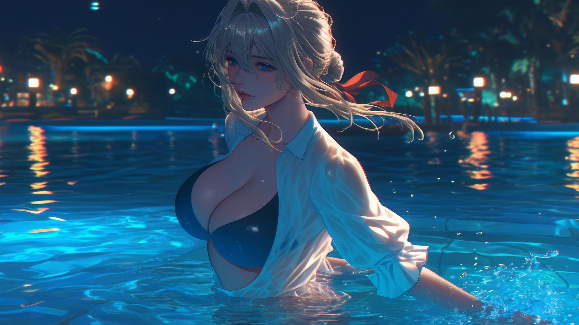 Violet Evergarden leaping from a pool under moonlight
