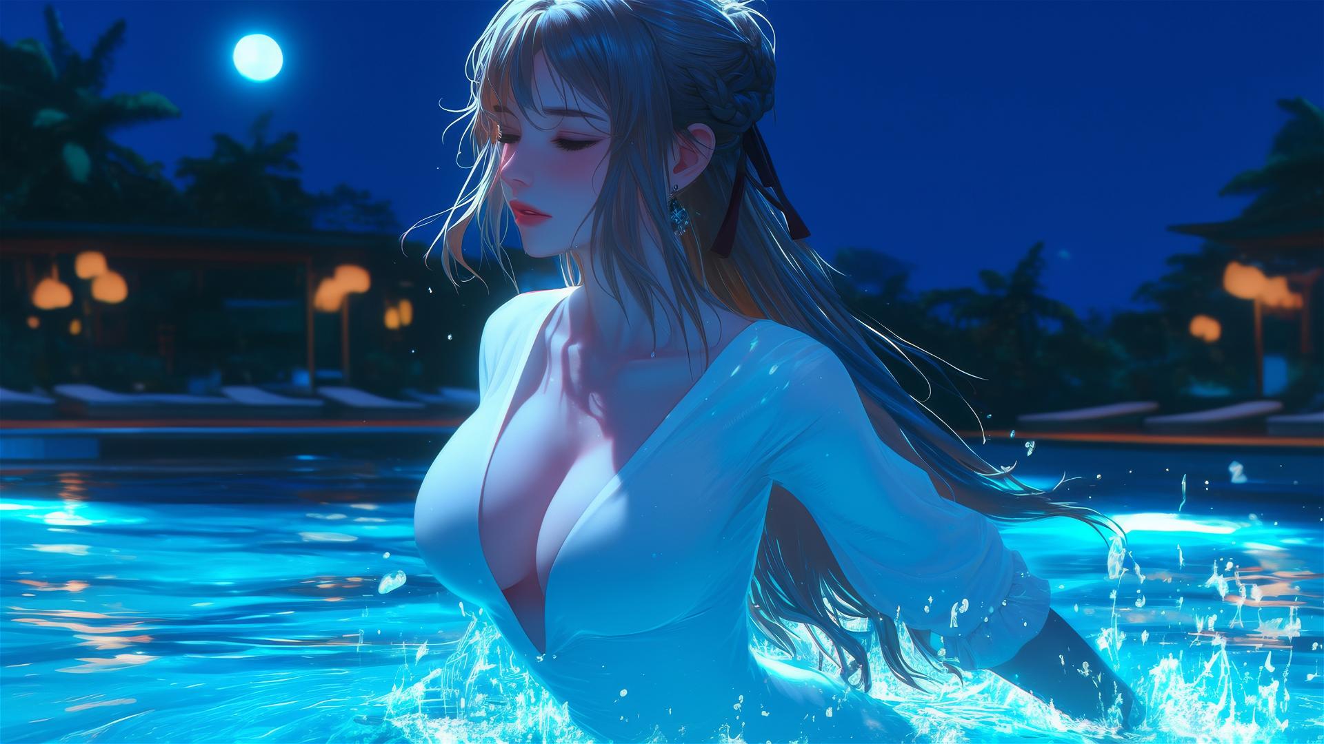 Violet Evergarden jumping out of a swimming pool under moonlight.