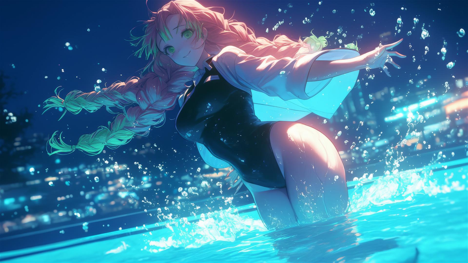 Mitsuri Kanroji jumping out of pool under moonlight, with pink to lime green hair