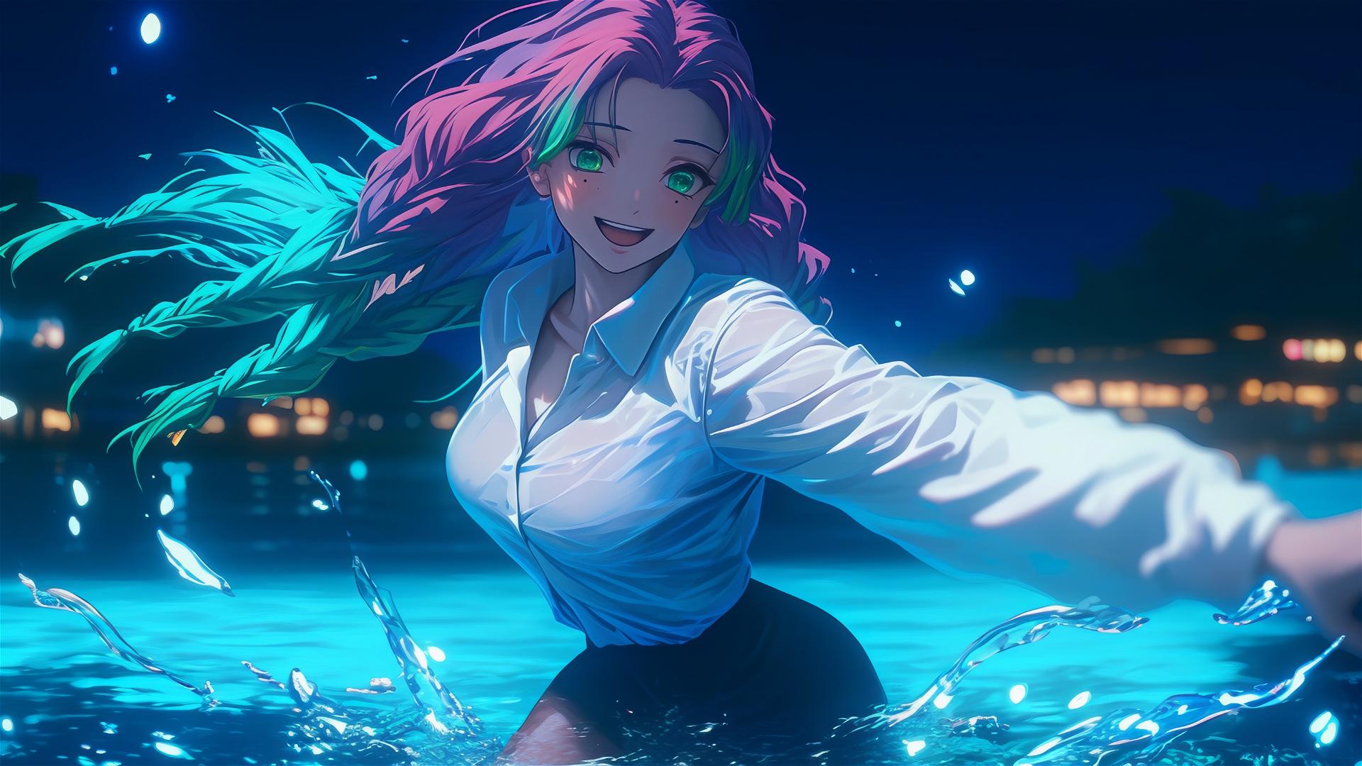 Mitsuri Kanroji from Demon Slayer jumping out of a swimming pool under moonlight