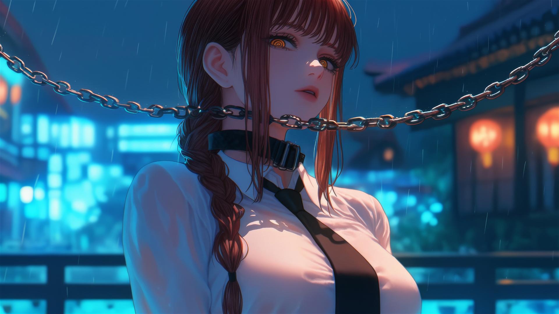 Makima chained, resting in modern hotel under moonlight