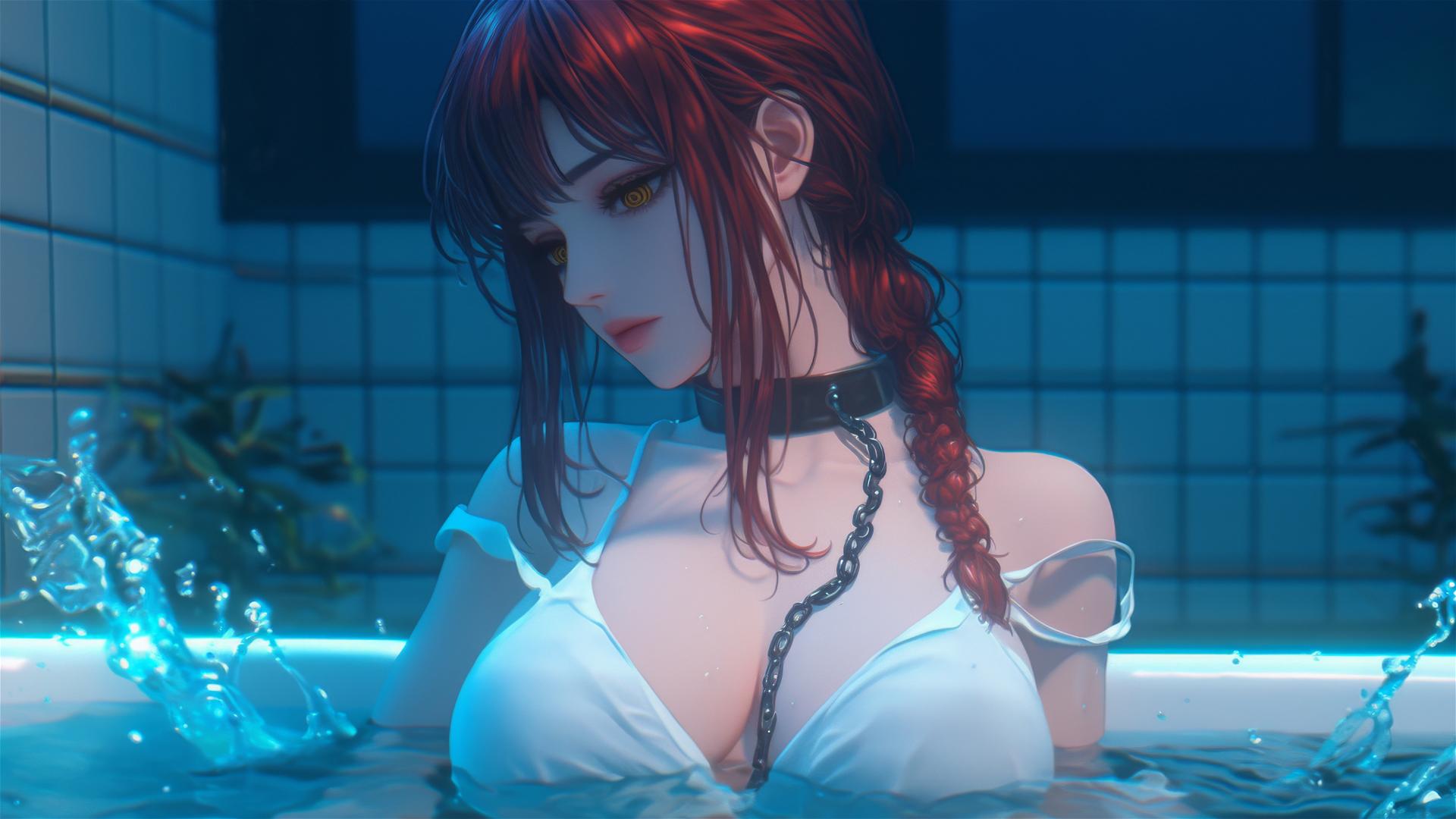 Makima from Chainsaw Man, locked with iron chains, resting in a tub under moonlight.