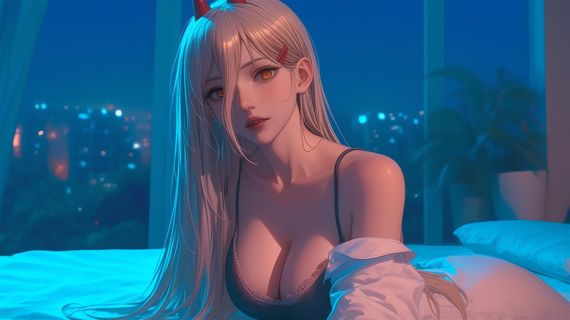 Power from Chainsaw Man resting in a modern hotel room with moonlight, blonde hair, light red horns, and yellow eyes.